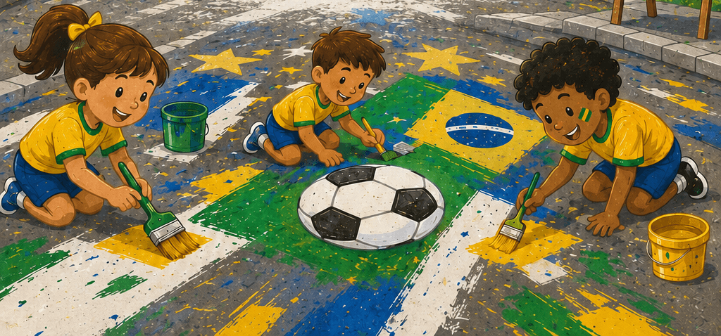 Pintura da rua com tema da Copa do Mundo mobiliza comunidade escolar no CEI Lício Mauro da Silveira